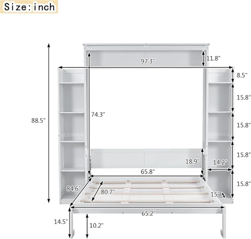 Queen Size Murphy Wall Bed – Foldable Wood Frame with Shelves & LED Lights