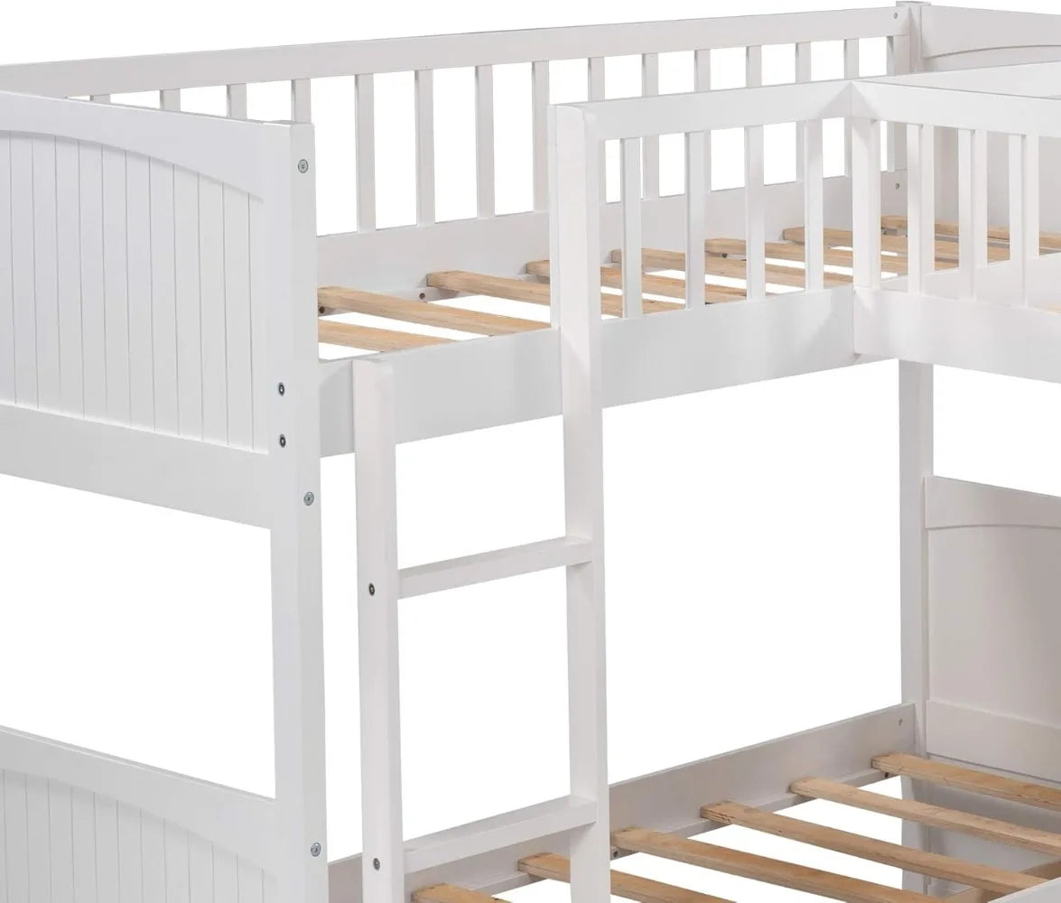 Triple Twin L-Shaped Bunk Bed with Drawers & Ladders – Space-Saving Design, No Box Spring Needed