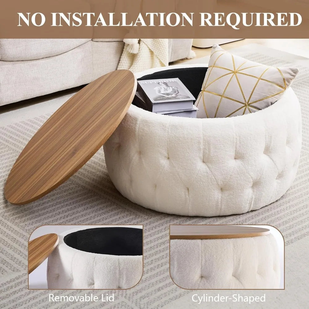 Round Storage Ottoman with Wooden Lid – Tufted Teddy Fabric Footrest, Stool & Coffee Table