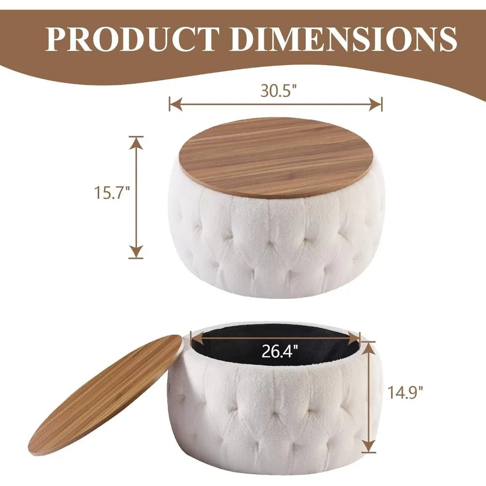 Round Storage Ottoman with Wooden Lid – Tufted Teddy Fabric Footrest, Stool & Coffee Table