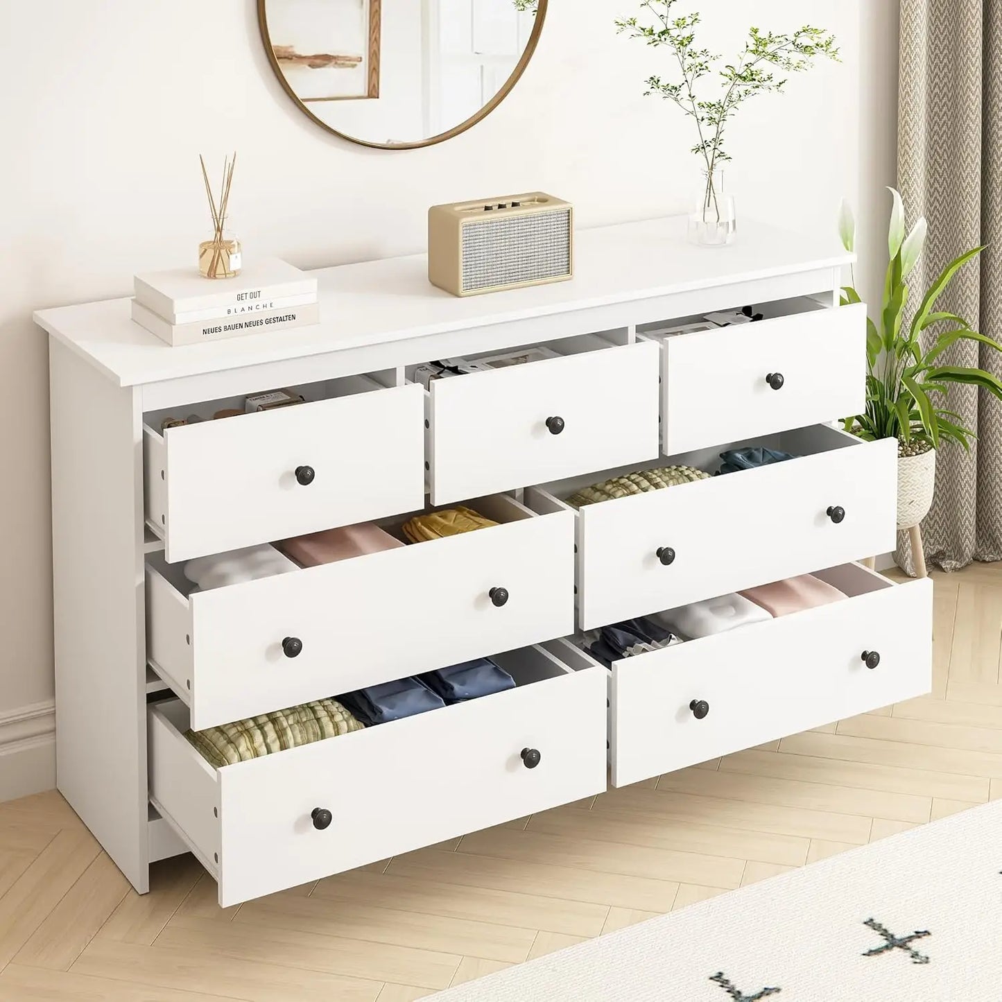 55" White 7-Drawer Dresser – Wooden Storage Chest with Gold Handles