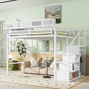Queen Size Metal Loft Bed with Stairs & Storage, Bedside Shelf, Heavy-Duty Frame