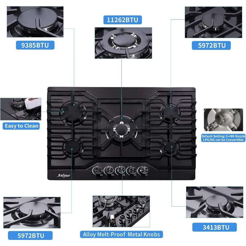 30" Gas Cooktop – 5-Burner Built-in Stainless Steel Stove Top, LPG/NG Convertible with Thermocouple Protection