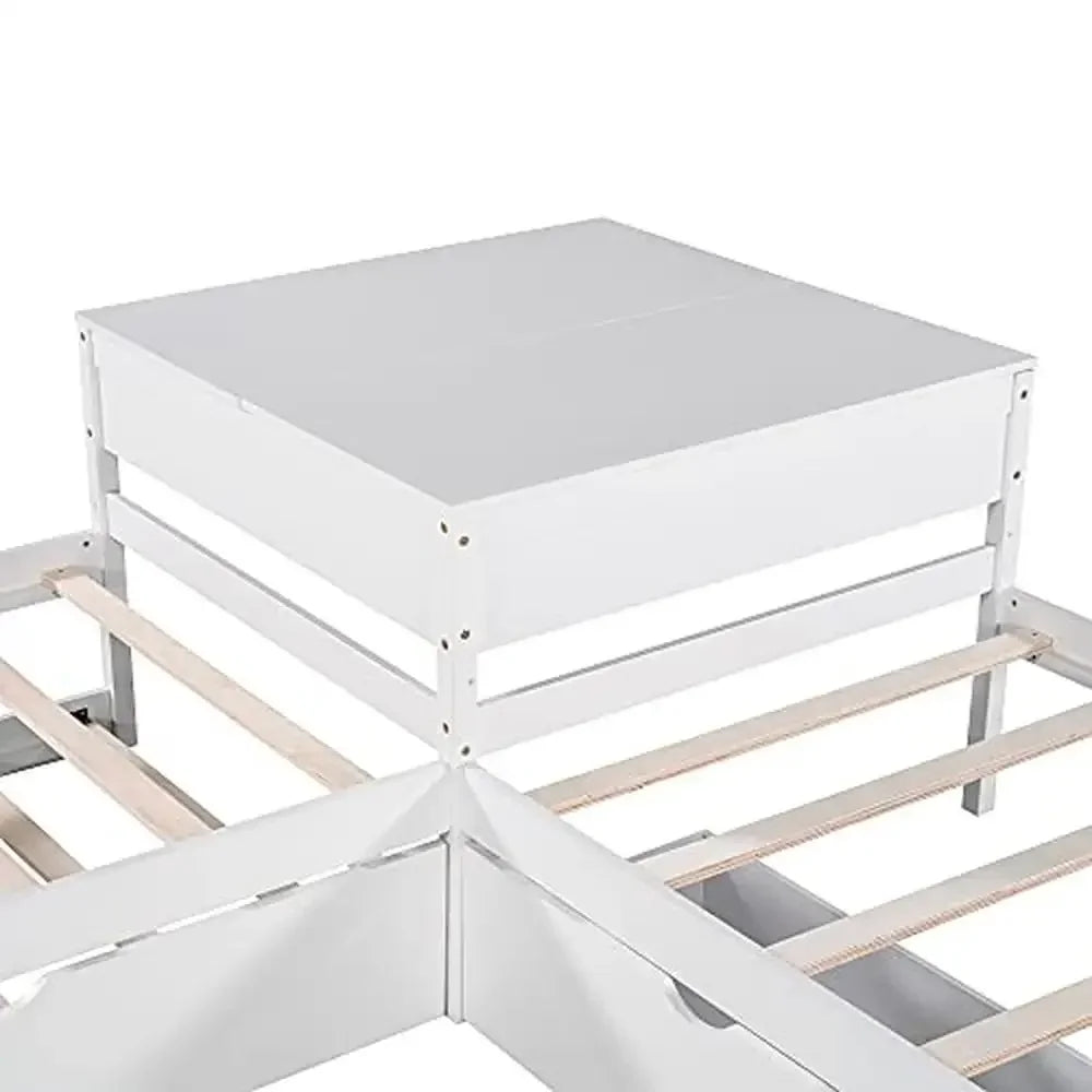 Twin L-Shaped Daybed with Trundle – Pine Wood Platform Bed with Desk, Drawers & Storage (White)