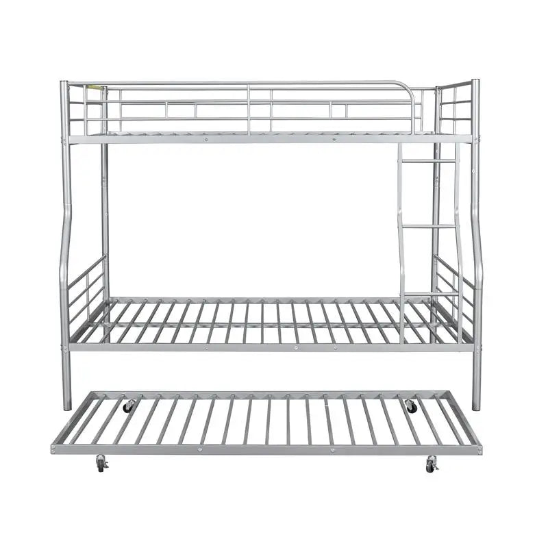 Silver Metal Bunk Bed, Full XL Over Queen with Trundle, Heavy-Duty Frame