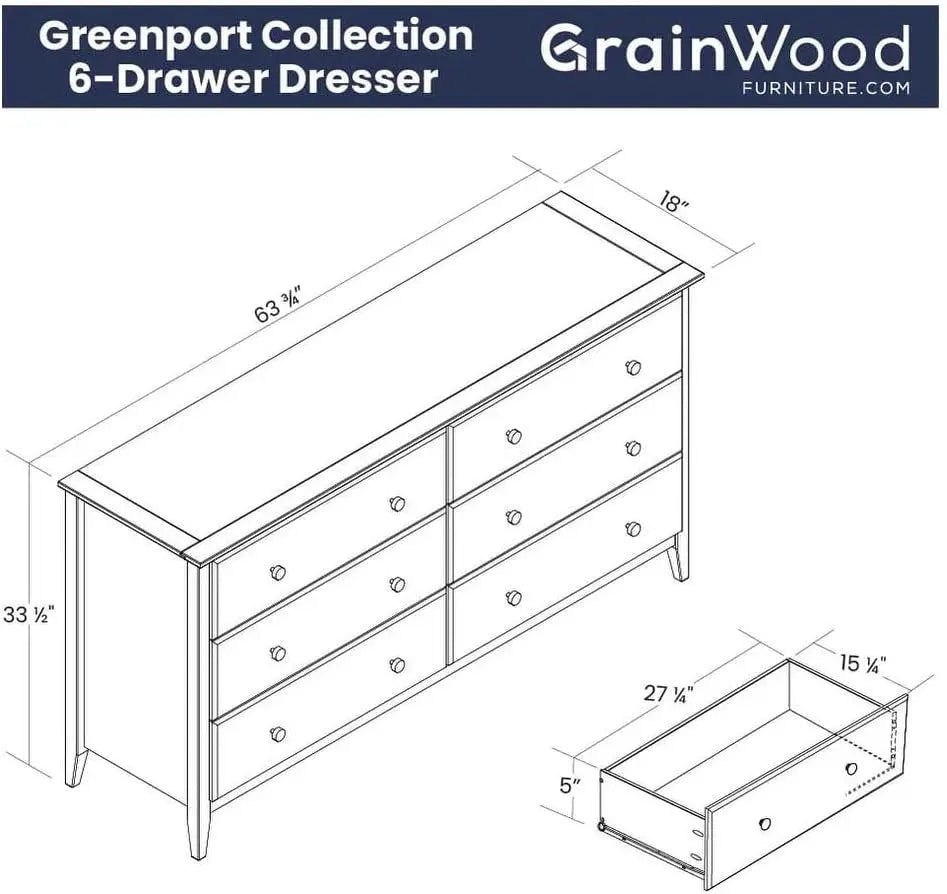 Greenport Solid Wood 6 Drawer Bedroom Dresser – Brushed Walnut Finish