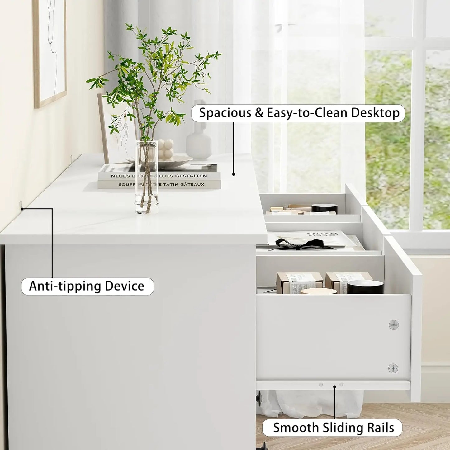 55" White 7-Drawer Dresser – Wooden Storage Chest with Gold Handles