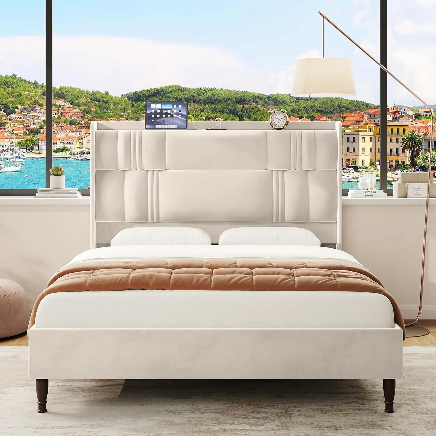 55.3" Corduroy Upholstered Platform Bed – Tall Headboard with LED Lights & USB Charging