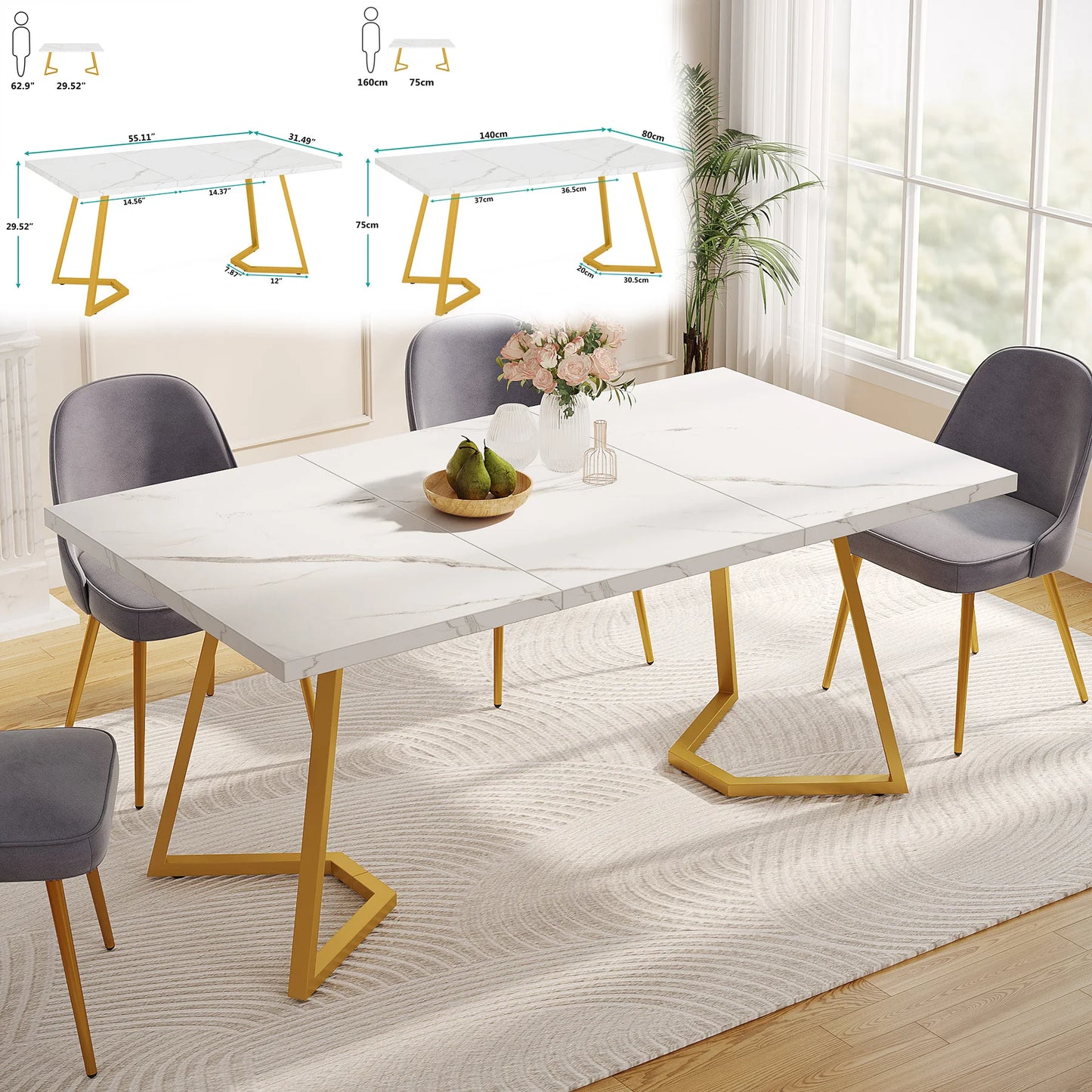 Tribesigns 63″ Modern Dining Table – Faux Marble Rectangular Table for 4–6modern dining table, faux marble table, rectangular dining table, Tribesigns table, dining table for 6, contemporary dining table, kitchen table,