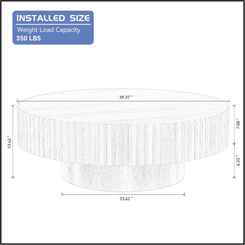 39" Black Round Coffee Table – Modern Fluted Drum Design, Handcrafted Wood for Living Room