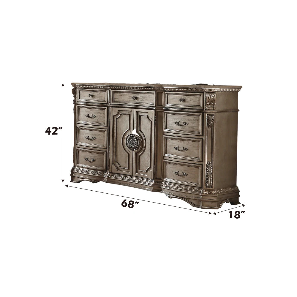 Antique Silver Wood-Top Dresser with Mirror – European Villa Style