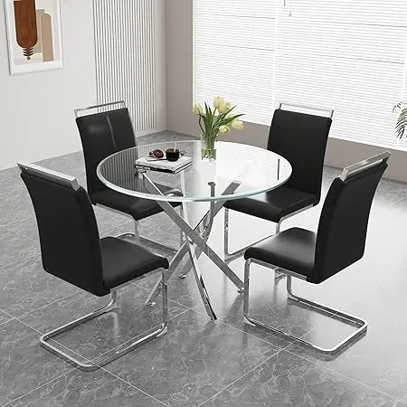 Glass Dining Table Set for 4 – 36" Round Silver Tempered Glass Table with 4 Black Faux Leather Chairs, Modern Kitchen & Home Office