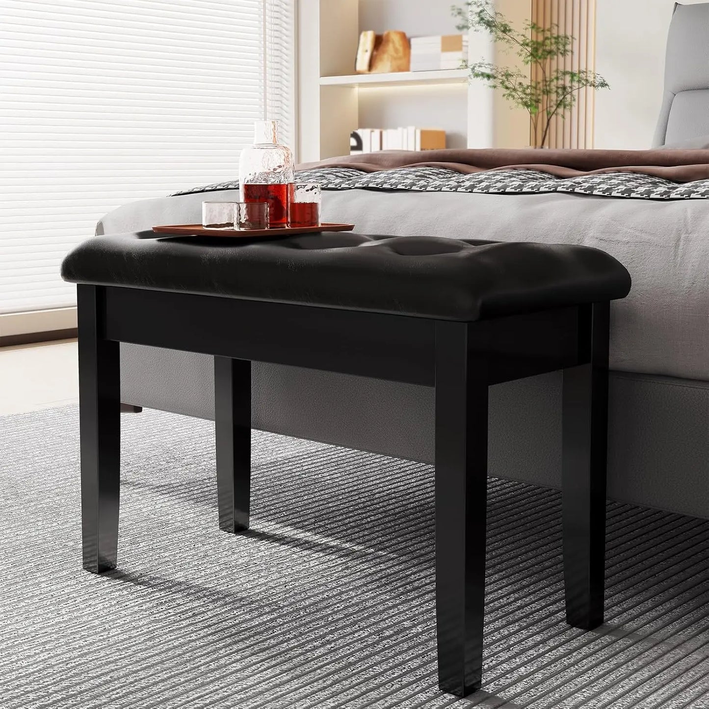 Wooden Duet Piano Bench with Storage – Padded Faux Leather Cushion Seat & Hidden Compartment for Music Books
