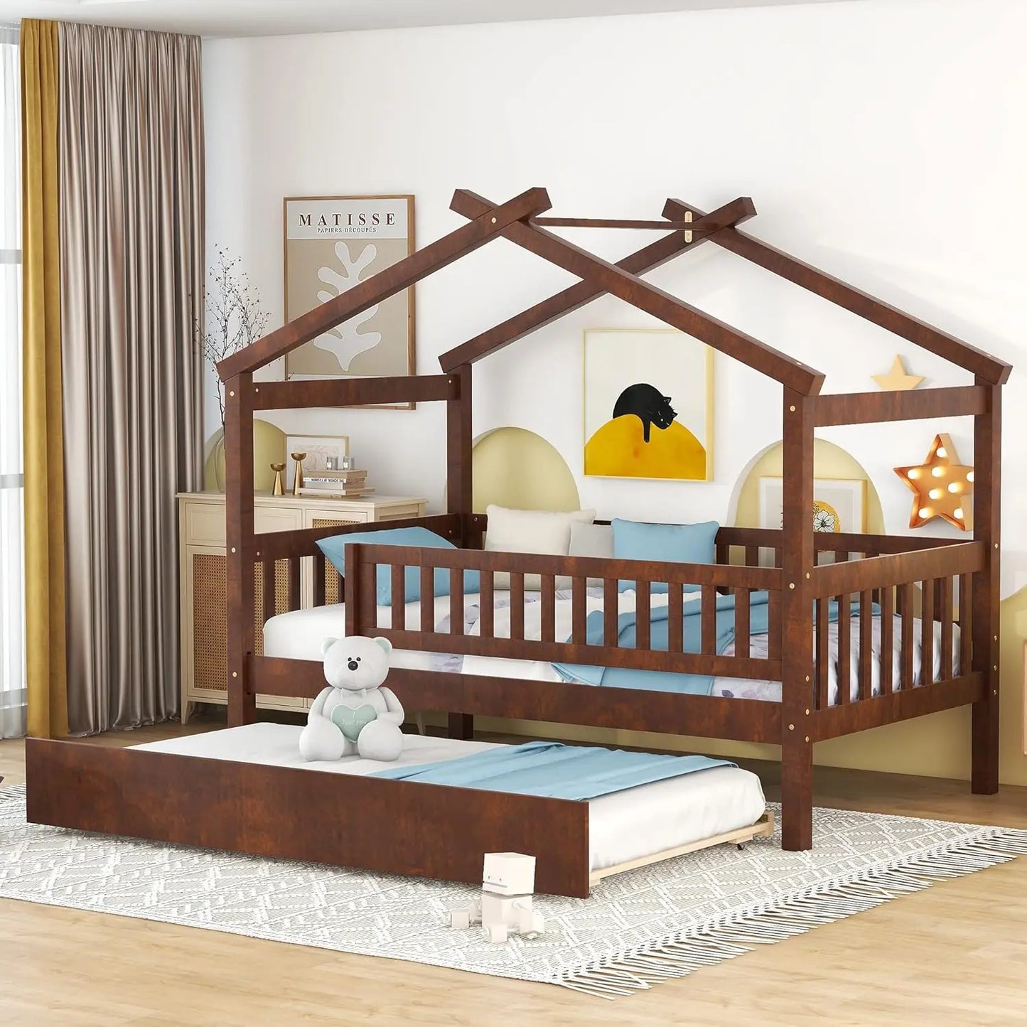 Twin Wooden House Bed with Trundle – Kids Platform Bed with Roof, Fence & Guardrail