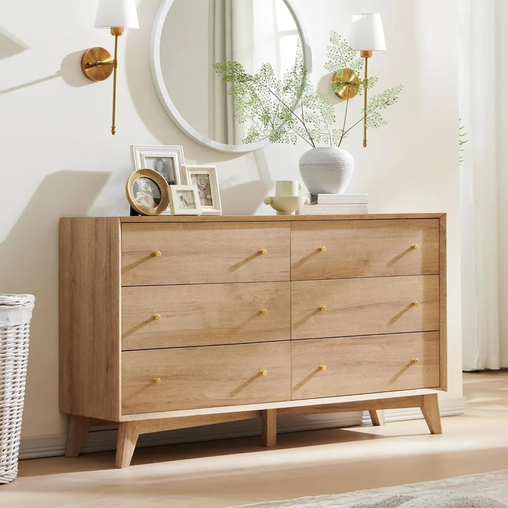 6 Drawer Mid-Century Modern Dresser – 54" Wide with Beveled Profile