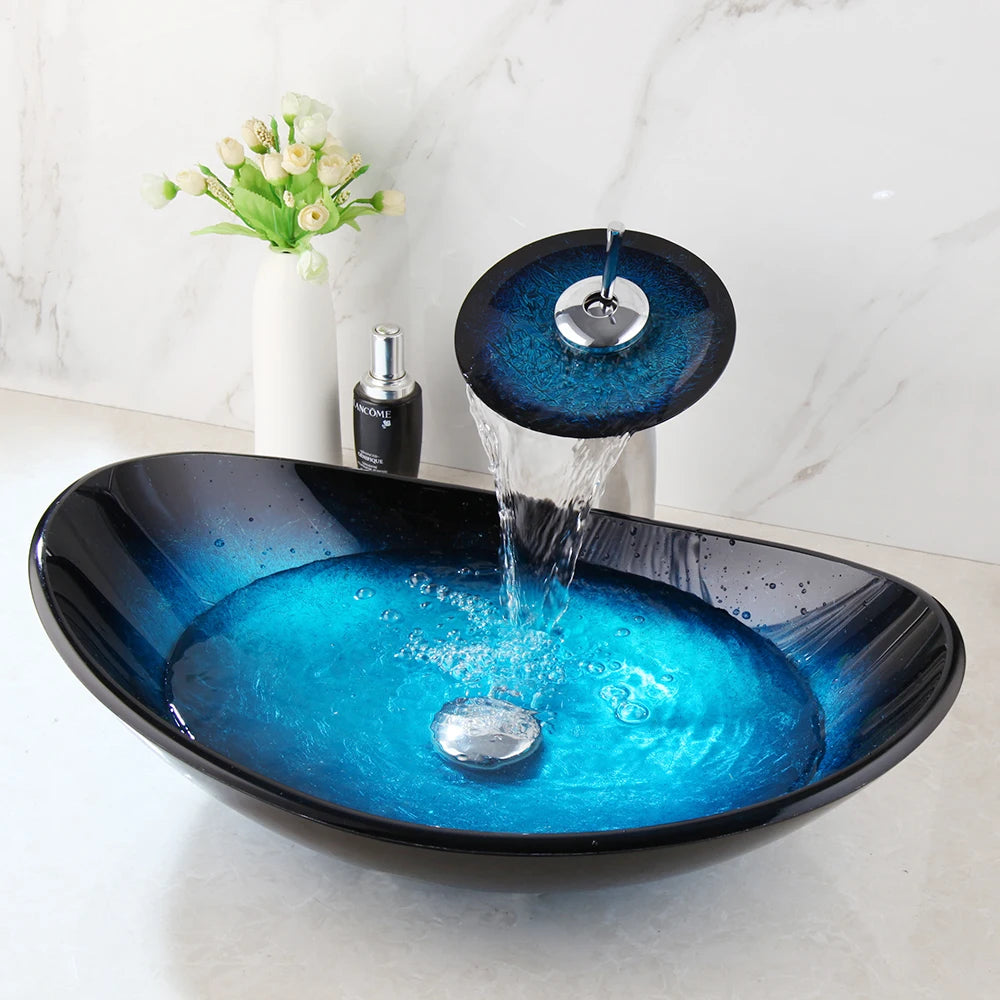 ZAPPO Blue Tempered Glass Vessel Sink – Oval Above-Counter Basin with Black Waterfall Faucet