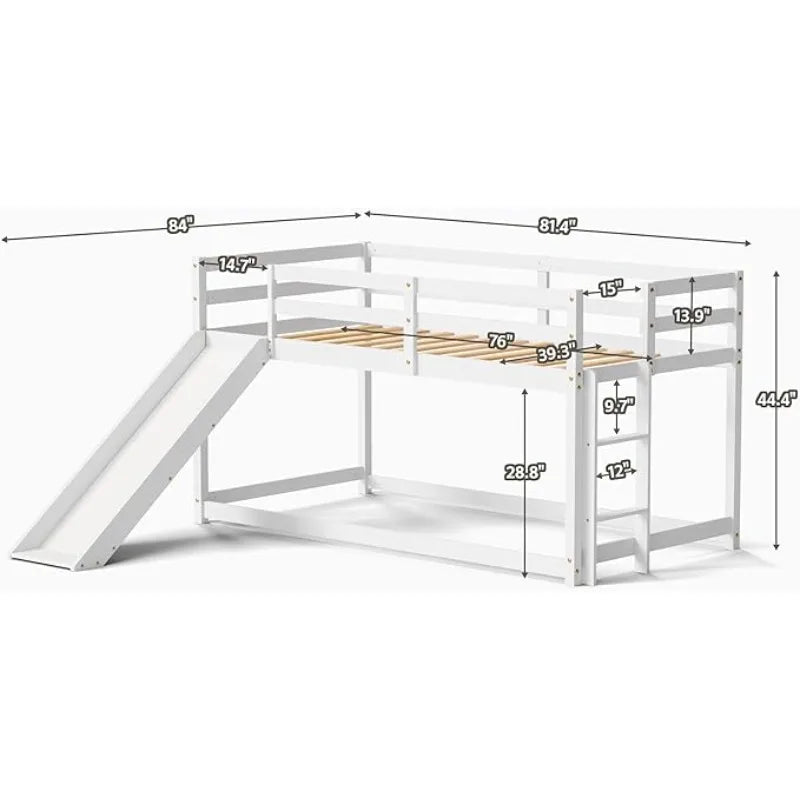 Low Twin Bunk Bed with Slide & Ladder – Wooden Loft Frame with Guardrails & Storage