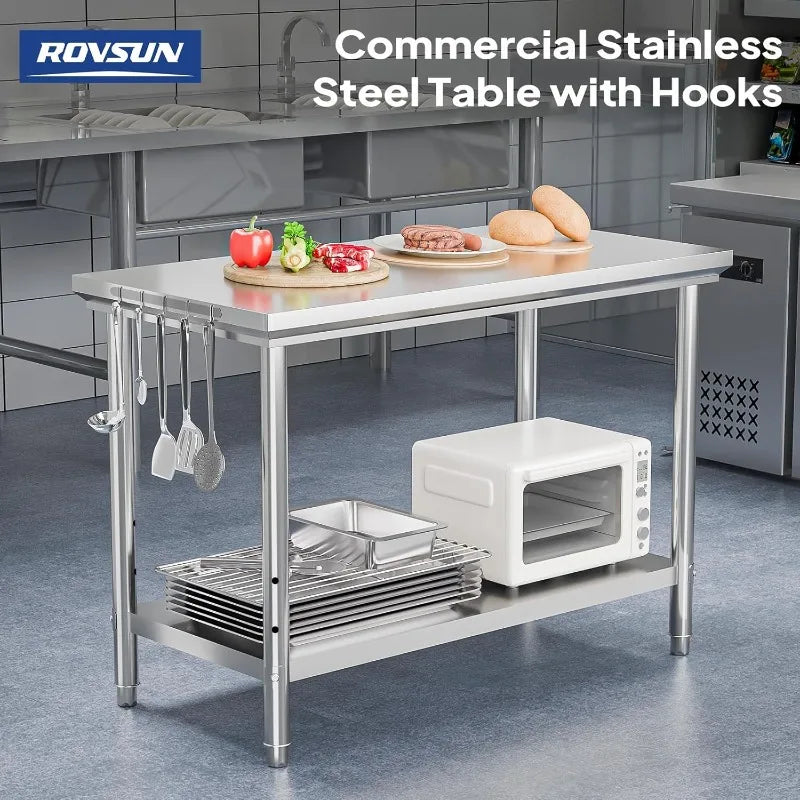 ROVSUN 48"×24" Stainless Steel Prep Table – Heavy Duty Workstation with Adjustable Shelf & Hooks