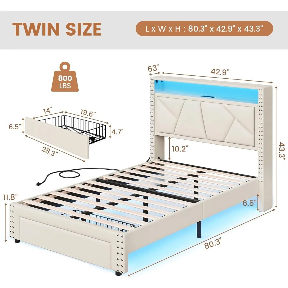 White Twin Upholstered Platform Bed Frame with LED Storage Headboard