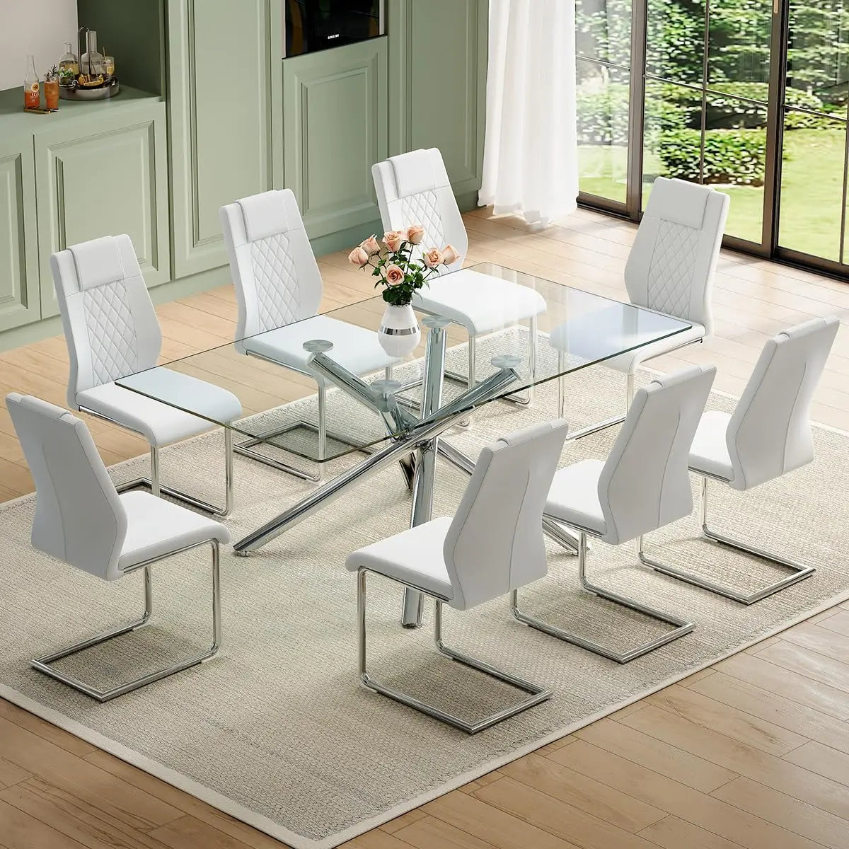 Glass Dining Table Set for 8 – 71" Rectangular Silver Kitchen Table with PU Leather Dining Chairs