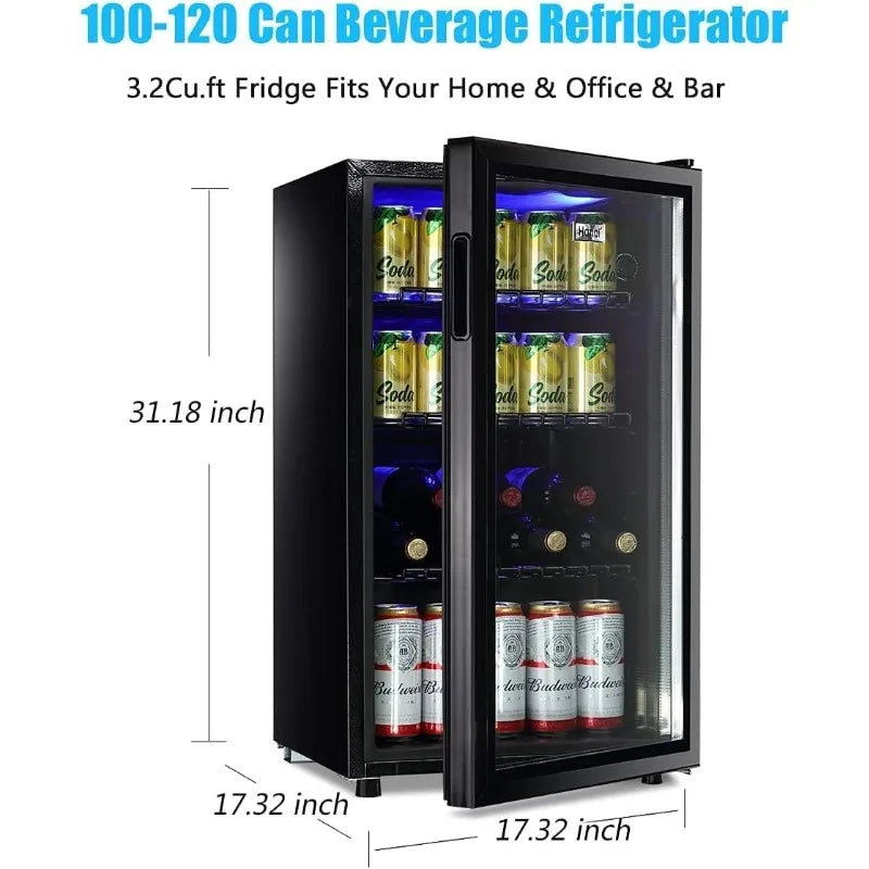 WANAI 120-Can Beverage Refrigerator – 3.2 Cu.Ft Glass Door Mini Fridge with 7 Thermostat Settings & LED Lights