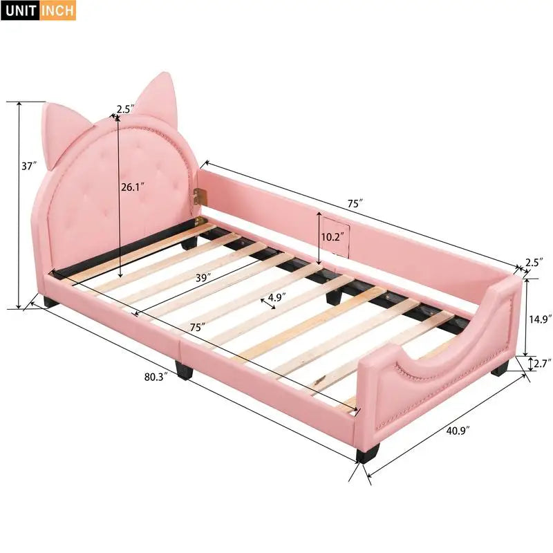 Pink Upholstered Twin Daybed with Ear-Shaped Headboard