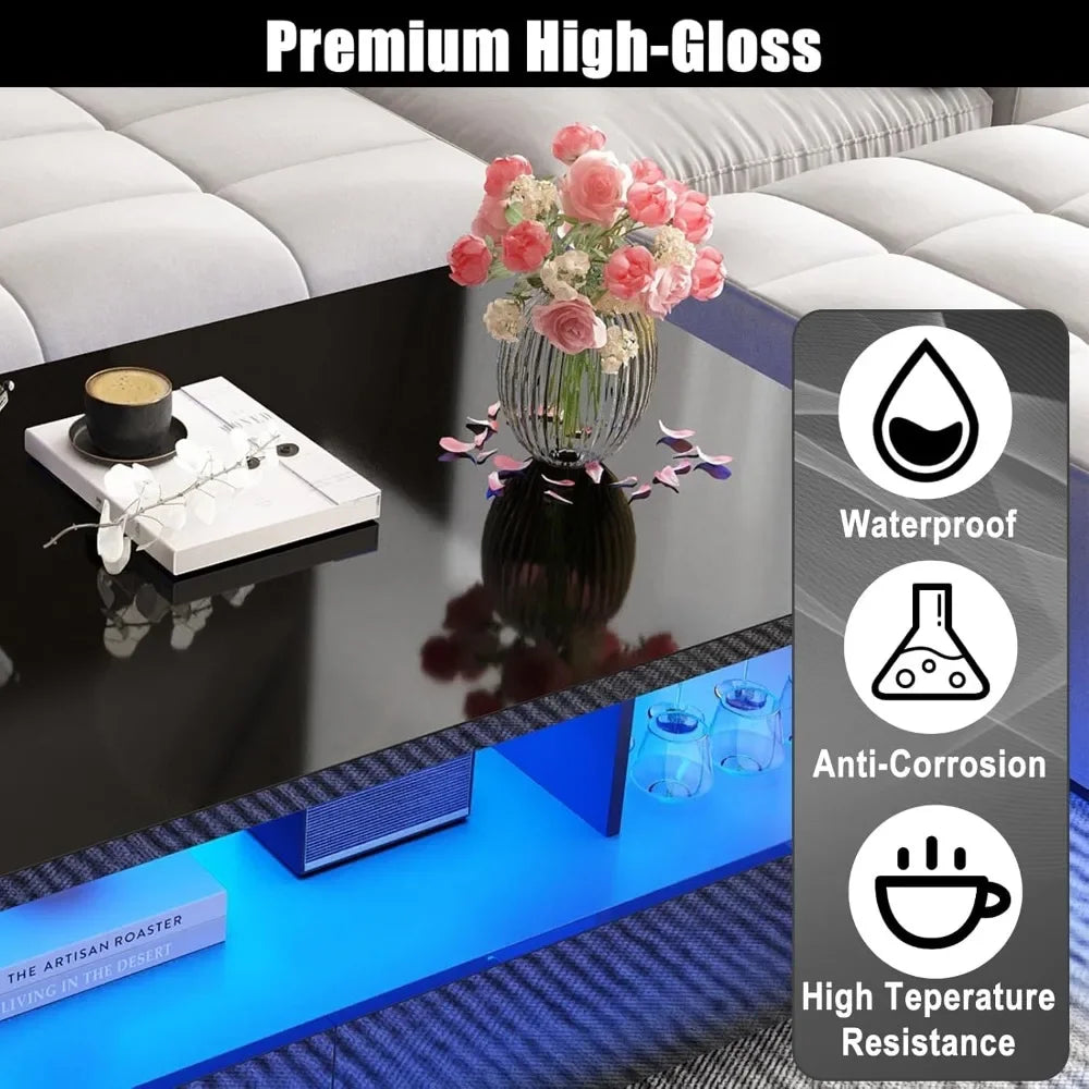 Modern Black LED Coffee Table – High Gloss with App Control Lights & 2 Storage Drawers