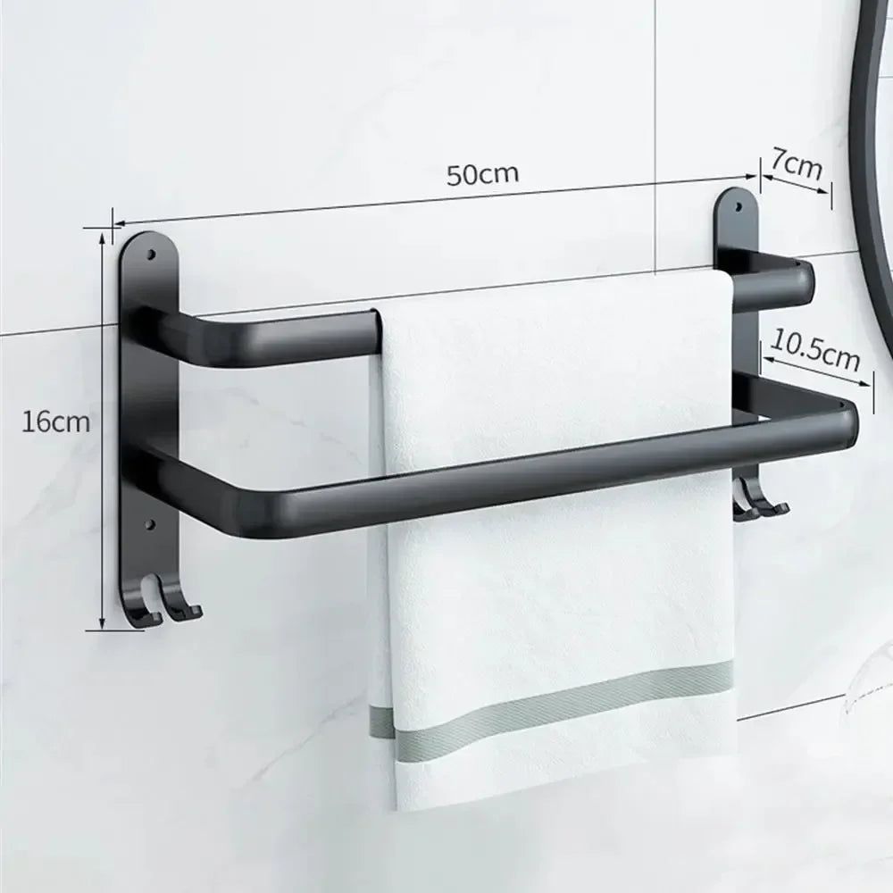 Aluminum Alloy Wall-Mount Bathroom Shelf with Hooks – Space-Saving Storage