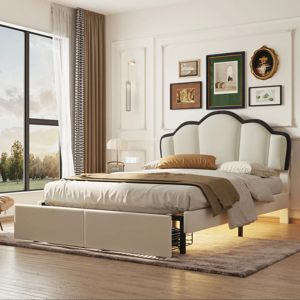 Queen European Double Bed, Royal Wooden Frame with King-Style Headboard, Modern Bedroom Furniture