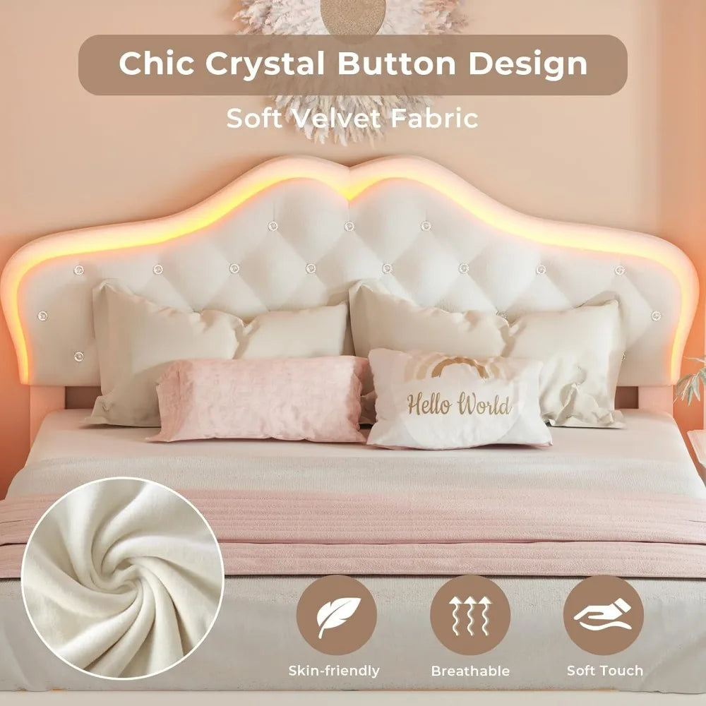 Full Size Princess Bed Frame – Upholstered Platform with LED Lights & Adjustable Crystal Headboard
