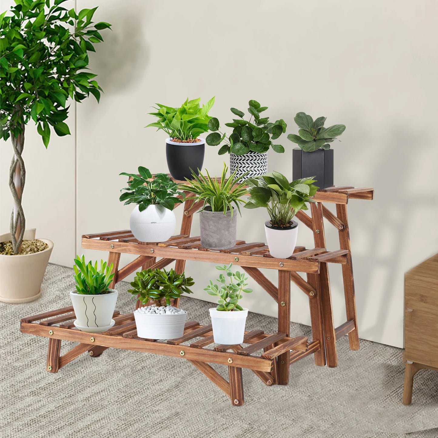 3-Tier Wood Ladder Shelf – Corner Plant Stand, Indoor/Outdoor Flower Pot Rack