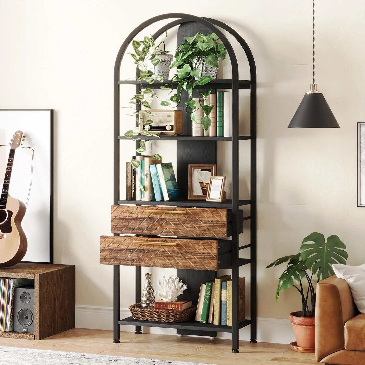 Tribesigns 4-Tier Bookshelf with 2 Drawers – Industrial Arched Bookcase, 70.8" Tall Storage & Display Rack