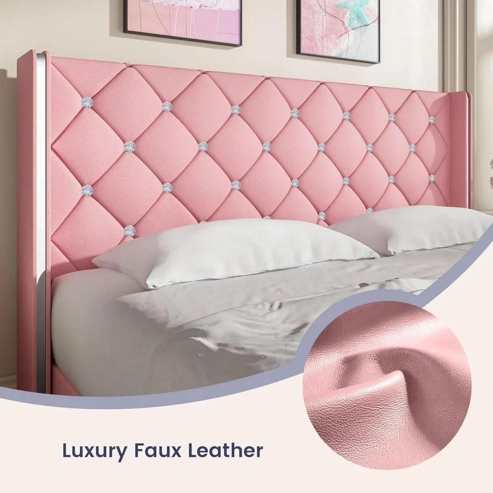 Queen Bed Frame with Diamond Headboard – Pink Faux Leather, Upholstered Platform, Easy Assembly
