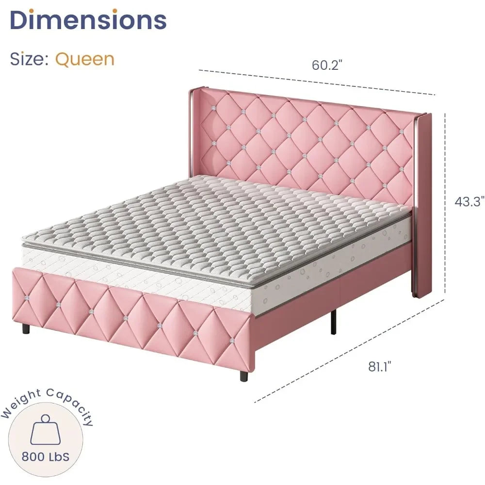Queen Bed Frame with Diamond Headboard – Pink Faux Leather, Upholstered Platform, Easy Assembly