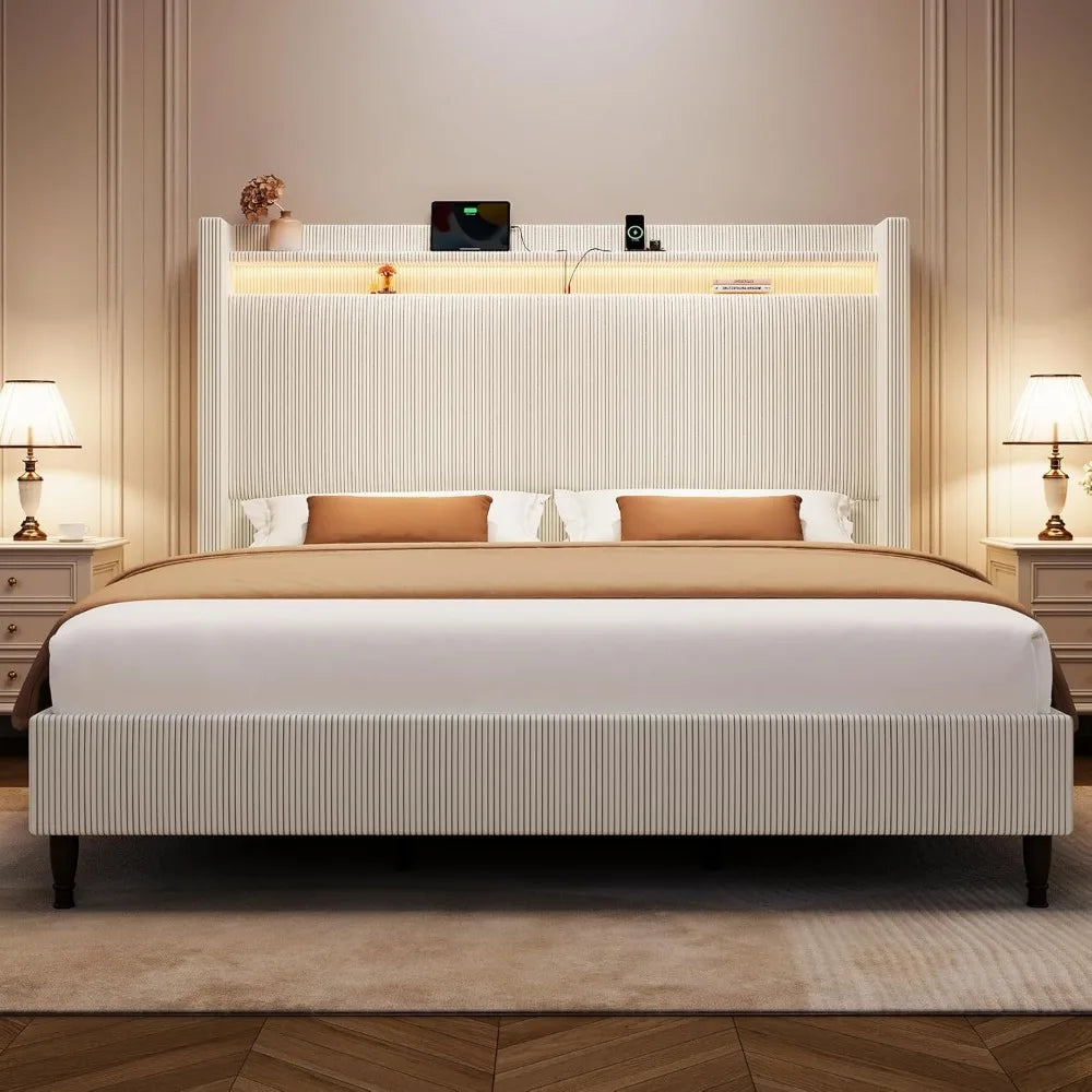 55.3" Corduroy Upholstered Platform Bed – Tall Headboard with LED Lights & USB Charging