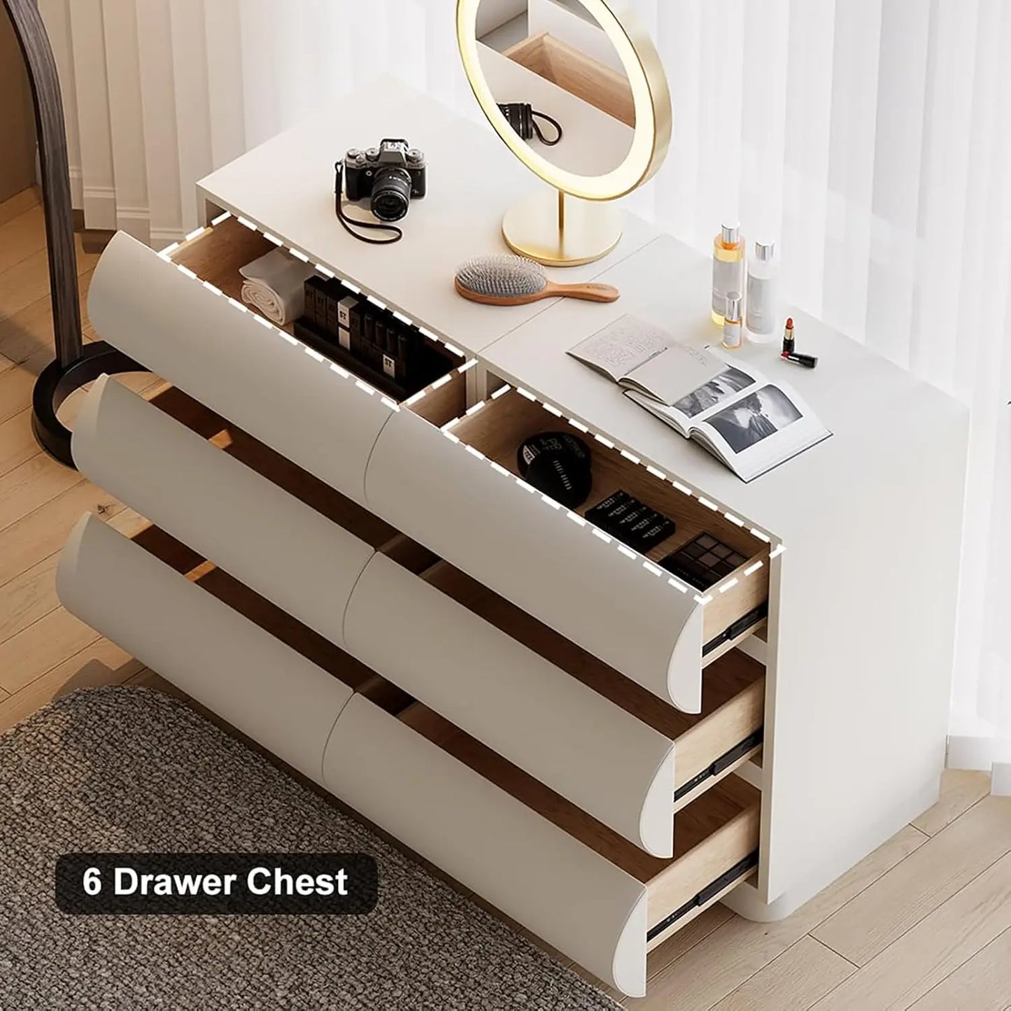 Modern White Leather 6 Drawer Dresser Chest with Storage Cabinet