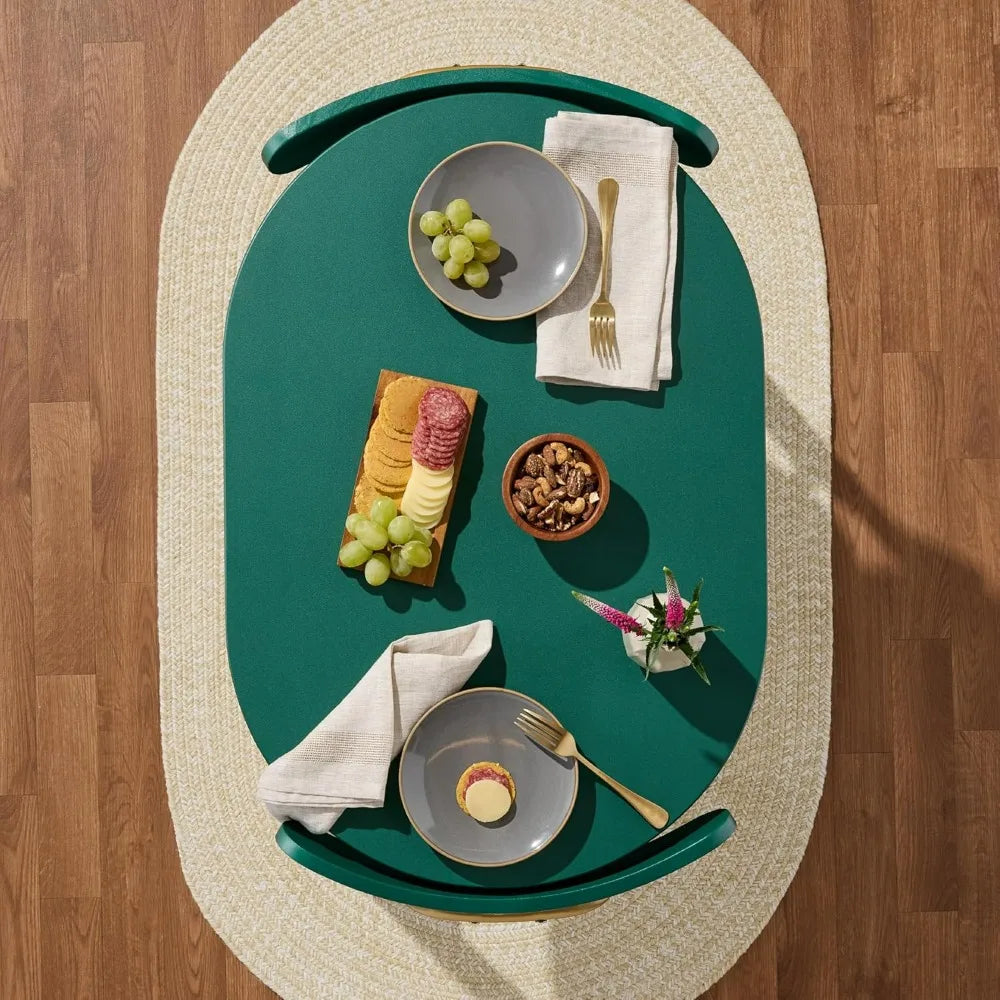 Modern Oval Dining Table Set – Small Kitchen Dinette with 2 Chairs, Metal Frame & Curved Backrests (Dark Green/Gold)