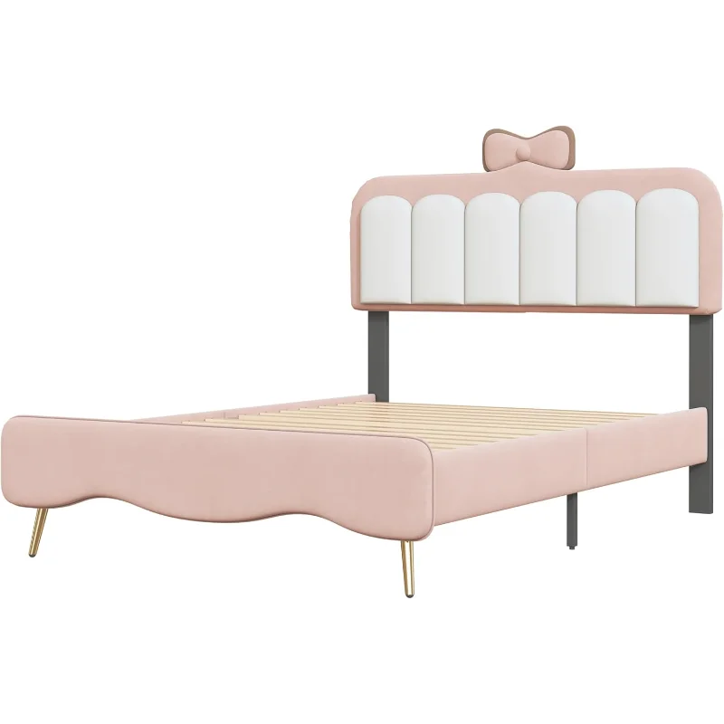 SOFTSEA Twin Princess Bed – Pink Velvet Upholstered Frame with Bow-Knot Headboard