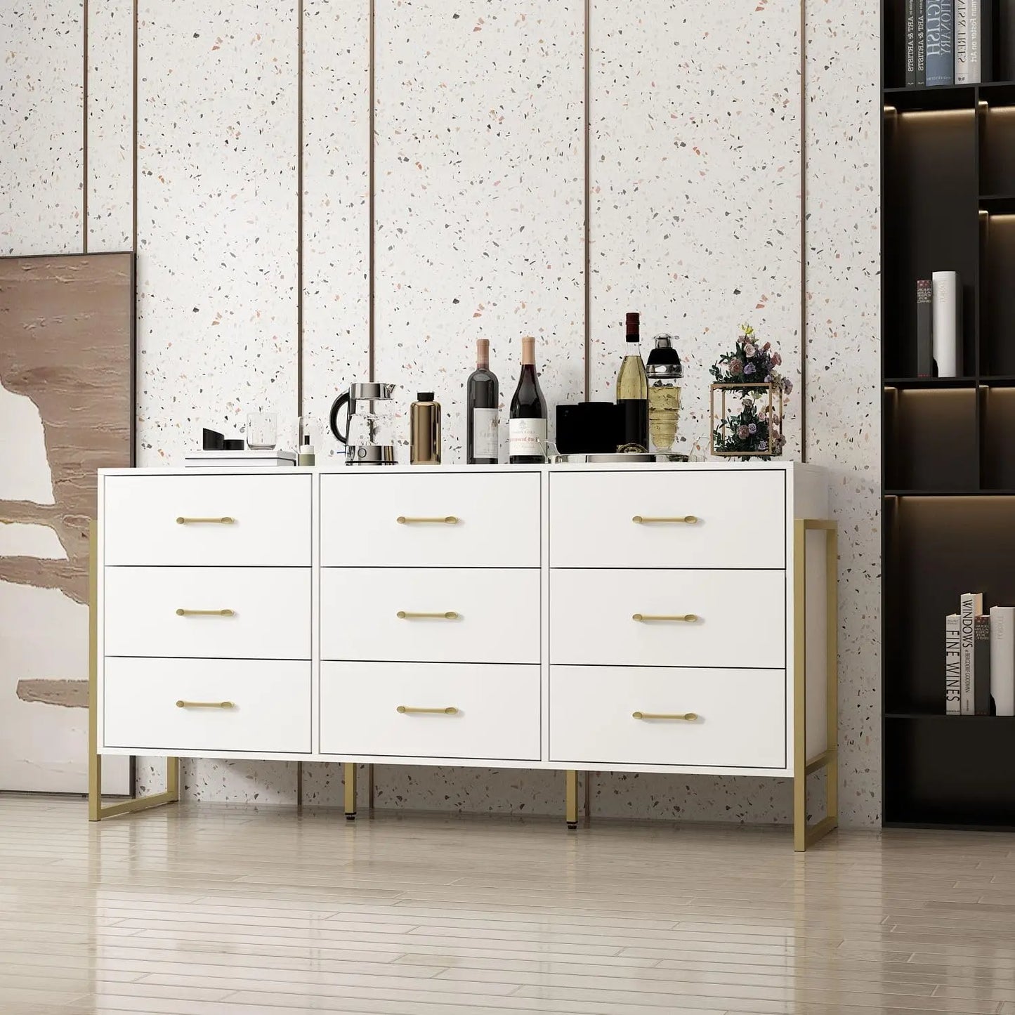 Modern 9 Drawer Black Dresser with Gold Legs – Large Bedroom Storage
