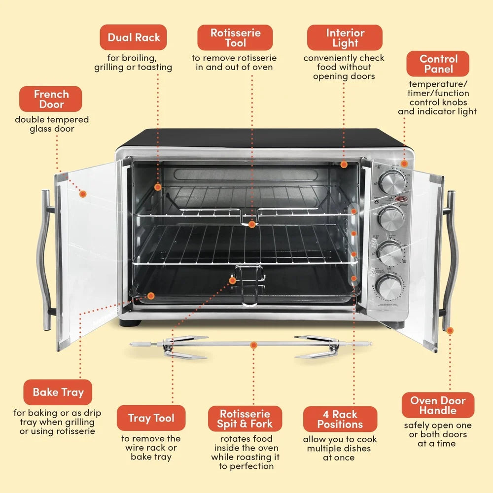 Stainless Steel Double Door Countertop Microwave Oven – Convection, Rotisserie & Dual Cooking with Timer & Racks