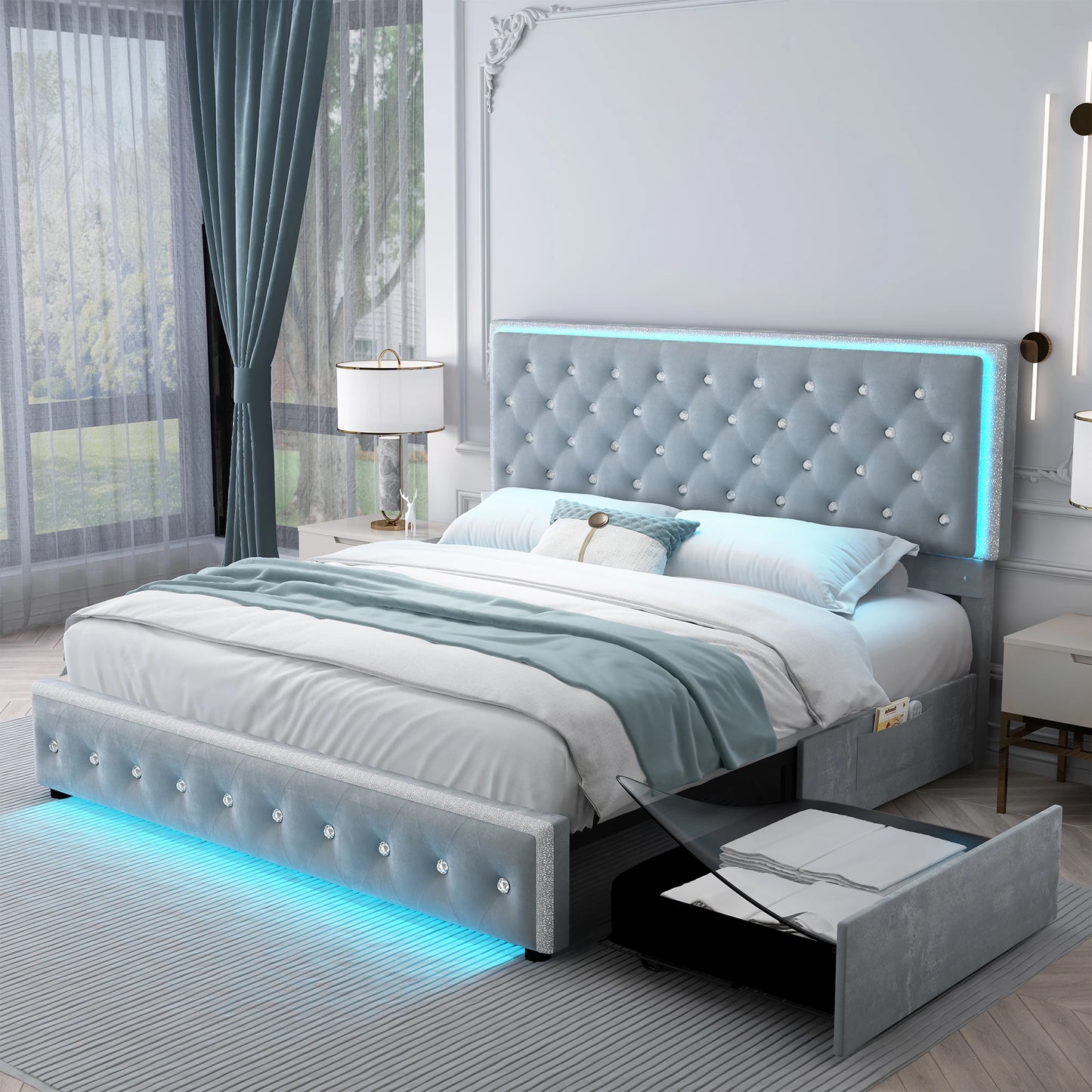 Queen PU Upholstered Bed Frame – LED Lights, Storage Drawers & Crystal Tufted Headboard
