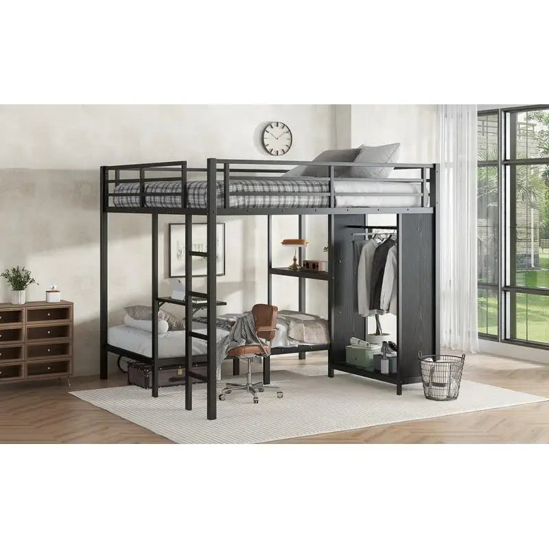 King over Twin XL Bunk Bed – Black Metal Frame with Wardrobe & Foldable Desk