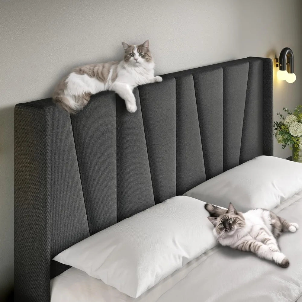 King Size Platform Bed with Geometric Wingback Headboard – Modern Upholstered Frame with Wood Slats