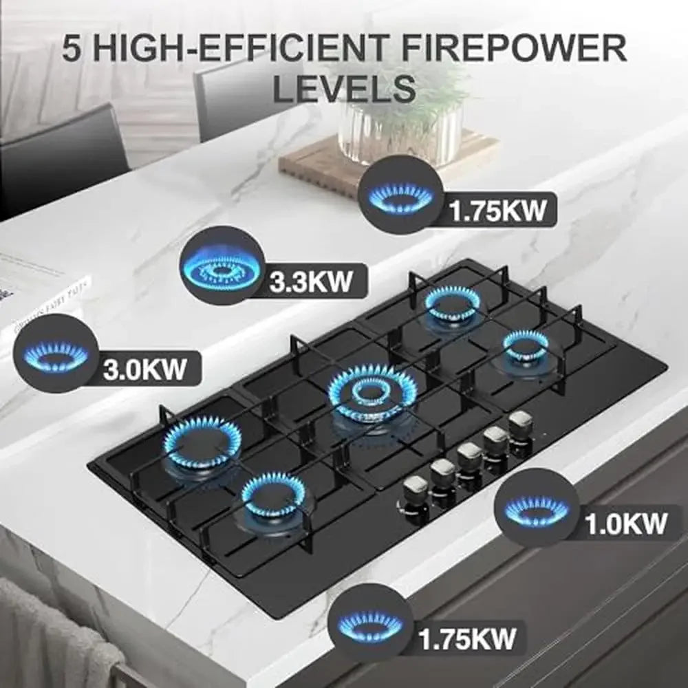 36" 5-Burner Gas Cooktop – Built-in Tempered Glass Stove, NG/LPG Dual Fuel, Auto Ignition, Stainless Steel