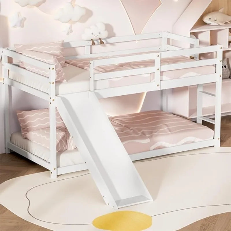 Low Twin Bunk Bed with Slide & Ladder – Wooden Loft Frame with Guardrails & Storage