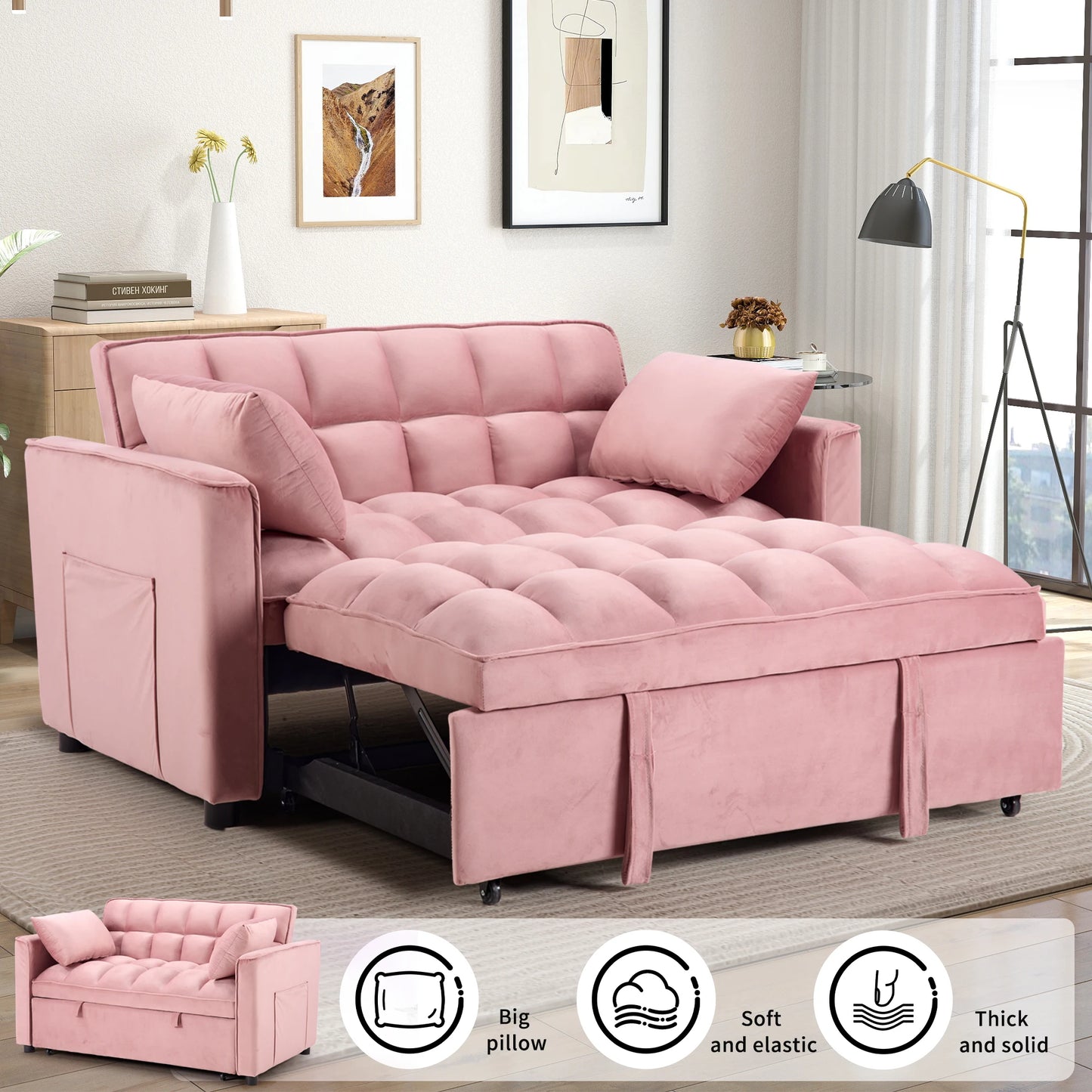 EBELLO 3-in-1 Modern Sofa Bed – Convertible Double Sofa with Pillows