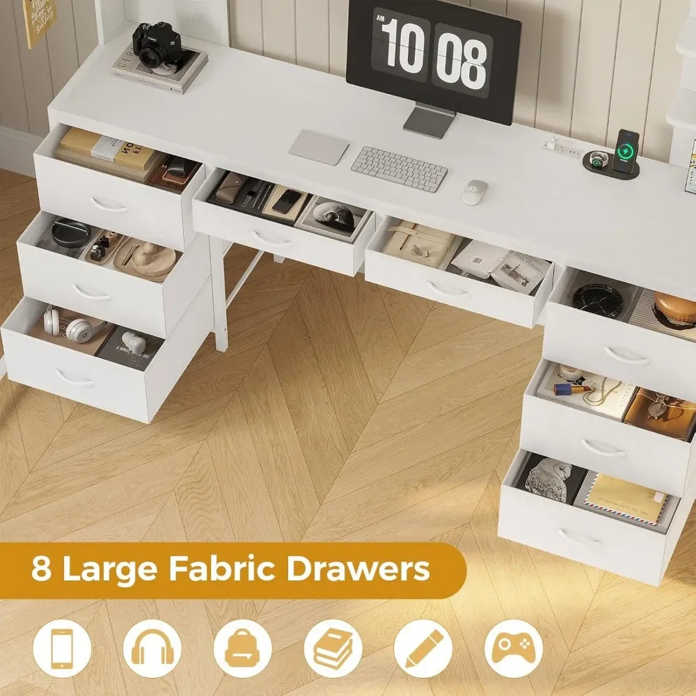 Full Size Loft Bed with Desk, 8 Drawers, Shelves, LED Lights & Charging Station