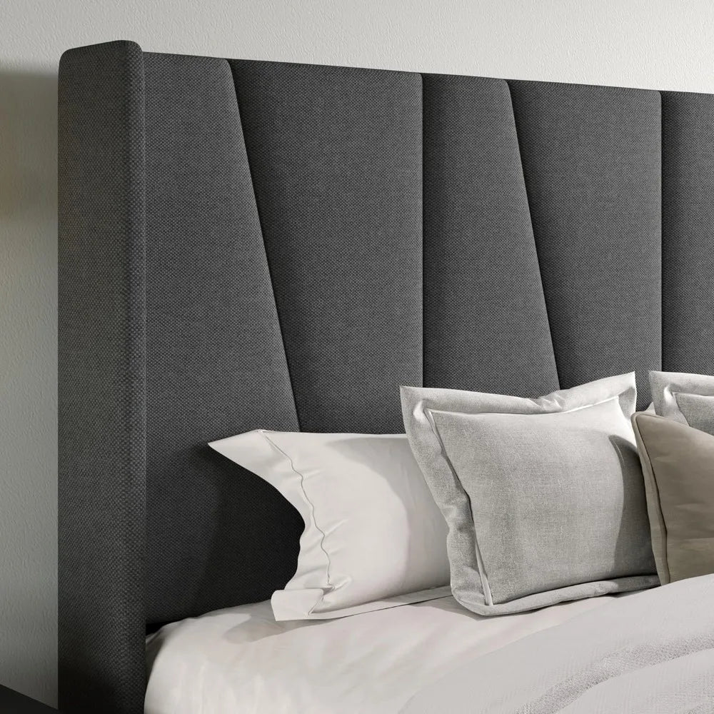 King Size Platform Bed with Geometric Wingback Headboard – Modern Upholstered Frame with Wood Slats