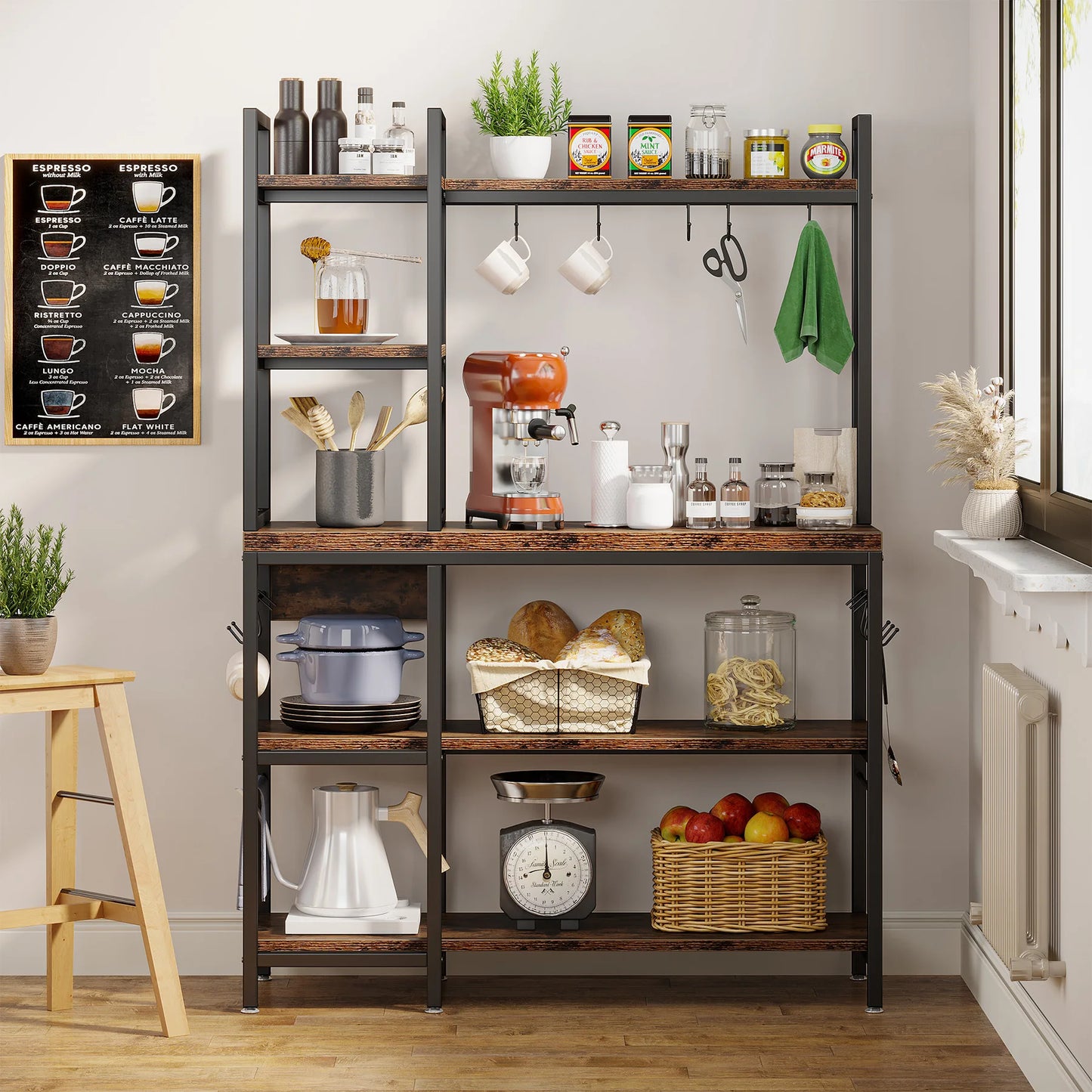 Tribesigns 5-Tier Kitchen Baker’s Rack – 43" Microwave Stand with Storage & Hooks
