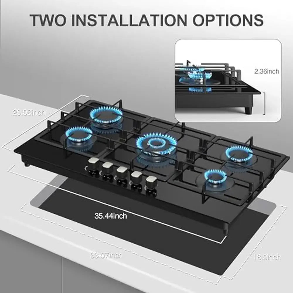 36" 5-Burner Gas Cooktop – Built-in Tempered Glass Stove, NG/LPG Dual Fuel, Auto Ignition, Stainless Steel